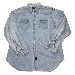 Ralph Lauren Double RRL Denim Shirt Mens Size XL Blue Western Snap Buttons READ